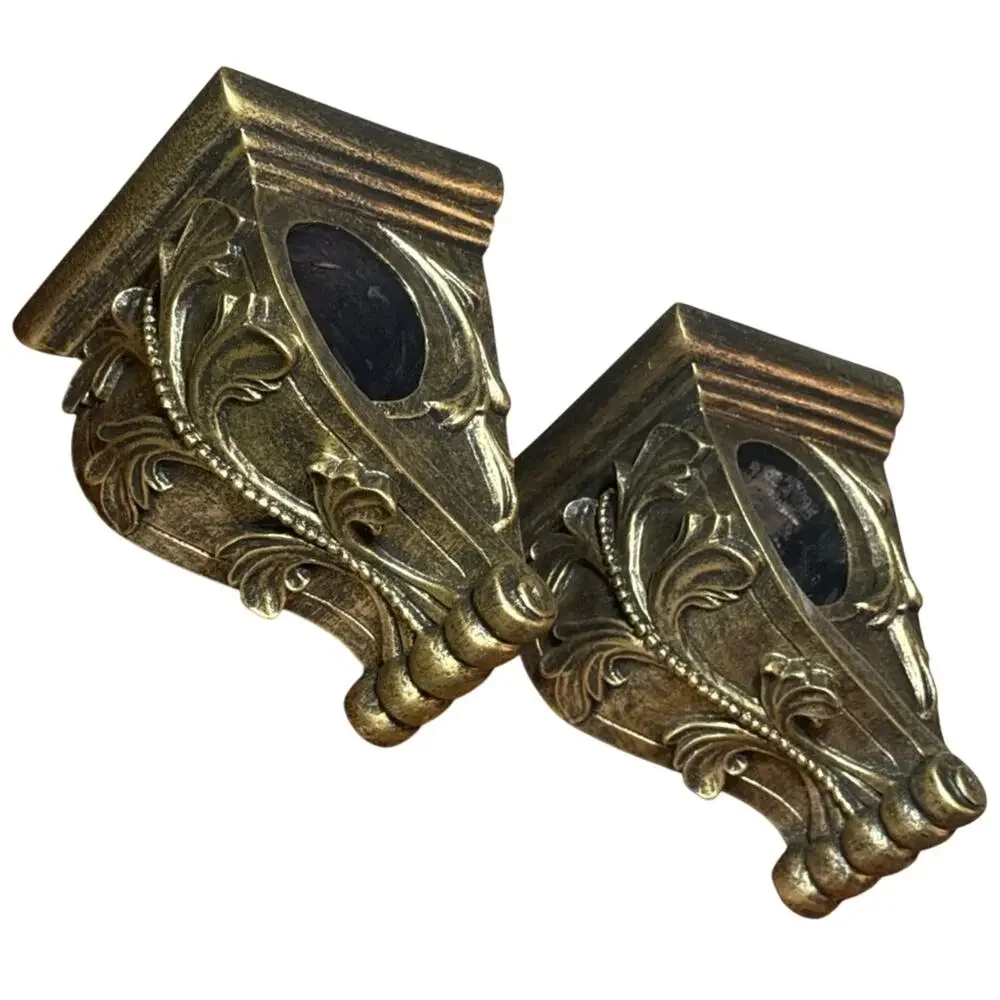 Vintage Gold Ornate Curtain Rod Brackets Pair Hollywood Regency Drapery Holders